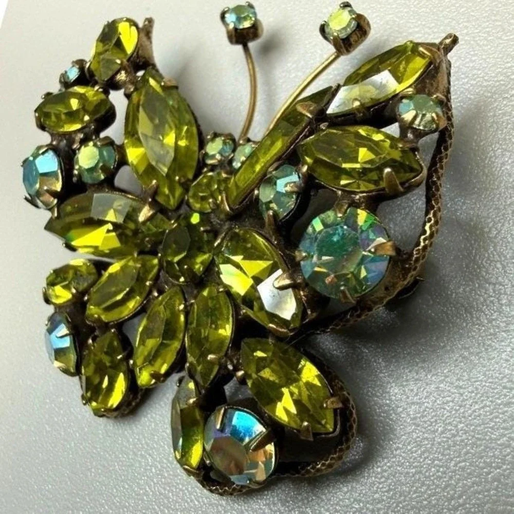 Vintage Regency Rhinestone‎ Butterfly Brooch Green Uranium Glass MCM Signed